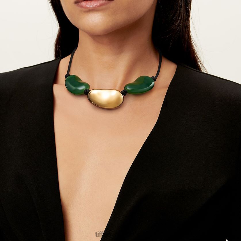 Tiffany collar con diseño de frijol unisexo 2J40B8194 joyas en oro amarillo con jade verde, 29 x 50 mm