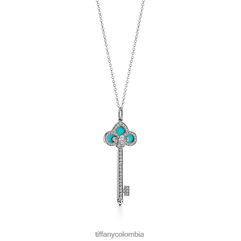 Tiffany llave de la flor de lis unisexo 2J40B8181 joyas en platino con diamantes y turquesa